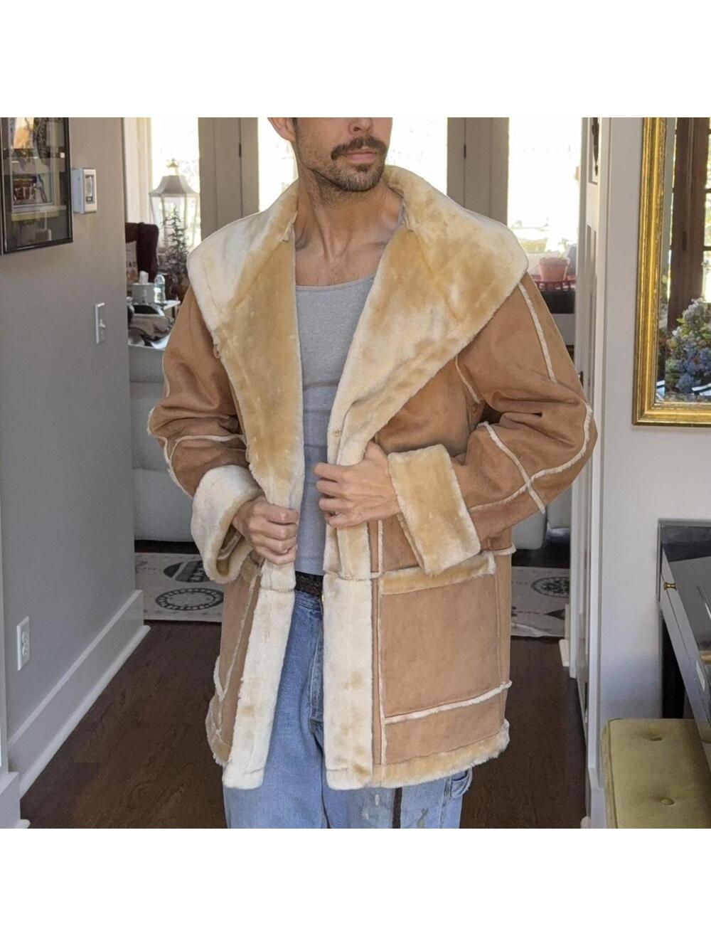 🧥 Fleet Street Faux Shearling Coat – Vintage Suede Sherpa Jacket – Unisex XL